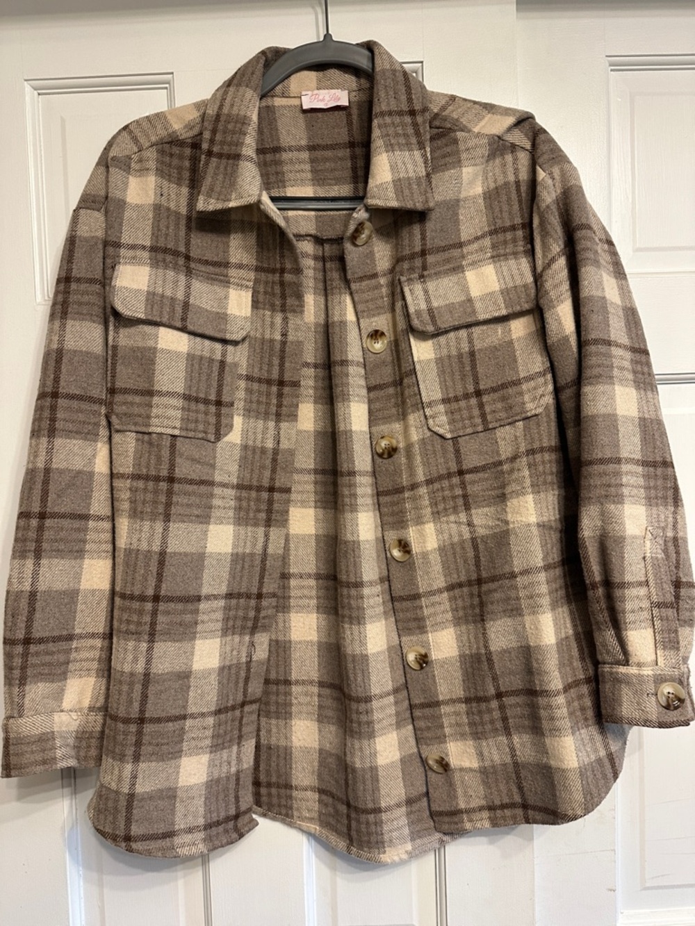 Pink lily Plaid Button-Front Shacket in Brown and Cream